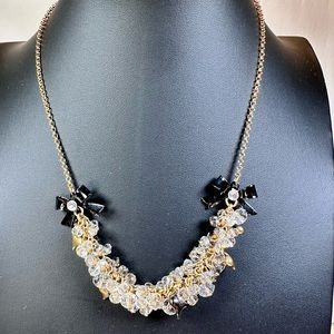 Betsy Johnson clear clustered beads with black bows and gold tone heart choker